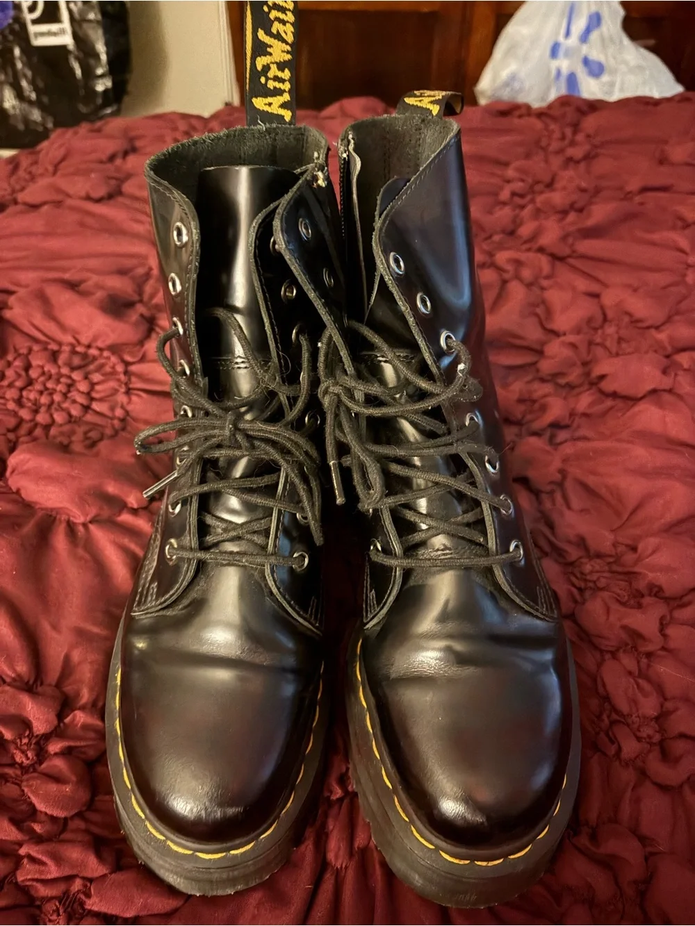 Dr. Martens Black Leather Platform Lace-Up Boot with Yellow Stitching